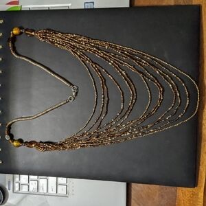 𝅺Brown Cream Neutral Tones Long Beaded Multi Strand Layered Statement Necklace